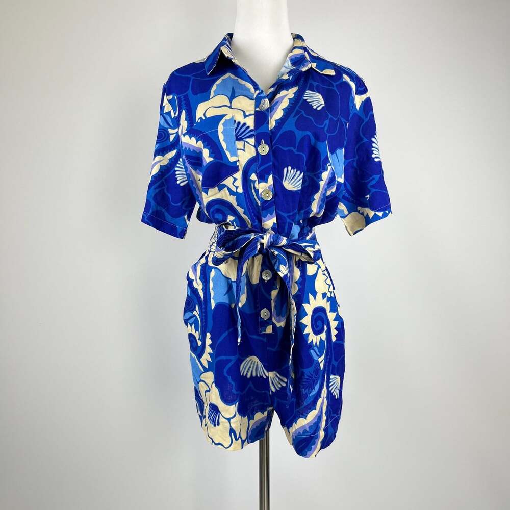NWOT Farm Rio Linen-Blend Tropical Groove Belted Romper Blue Floral Size S - Picture 2 of 12